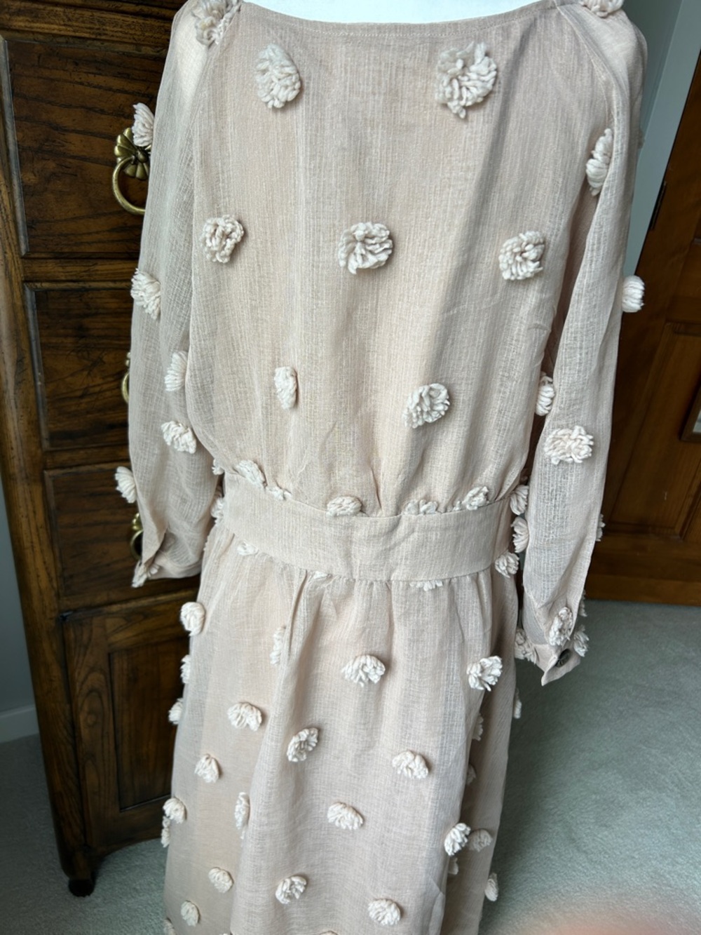 Listicle Boho Blush 3/4 Sleeve Button-Front Dress with Pom-Pom Details, Size L - Picture 5 of 12